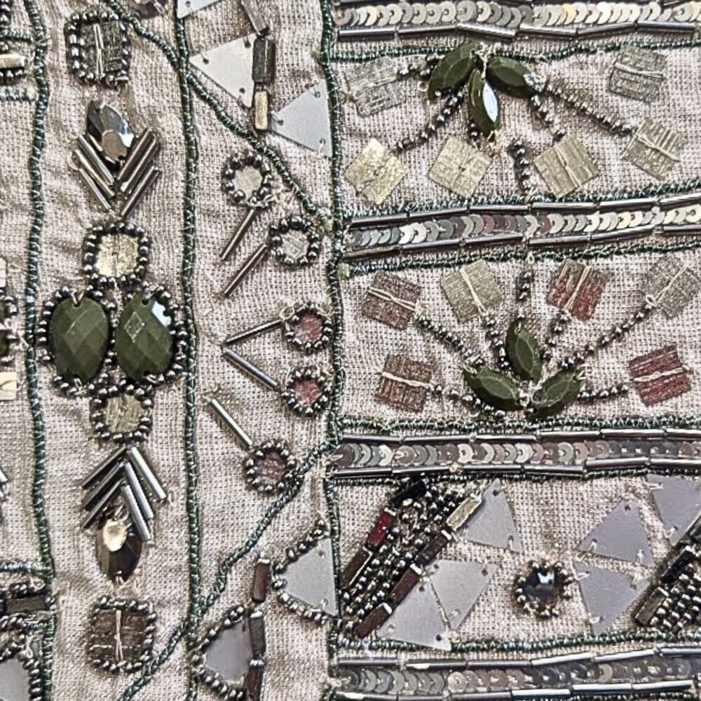 Vintage Y2K CHICOS Embellished Metallic Beige Aztec Beaded Cocktail Jacket Sz 1 - Picture 2 of 10